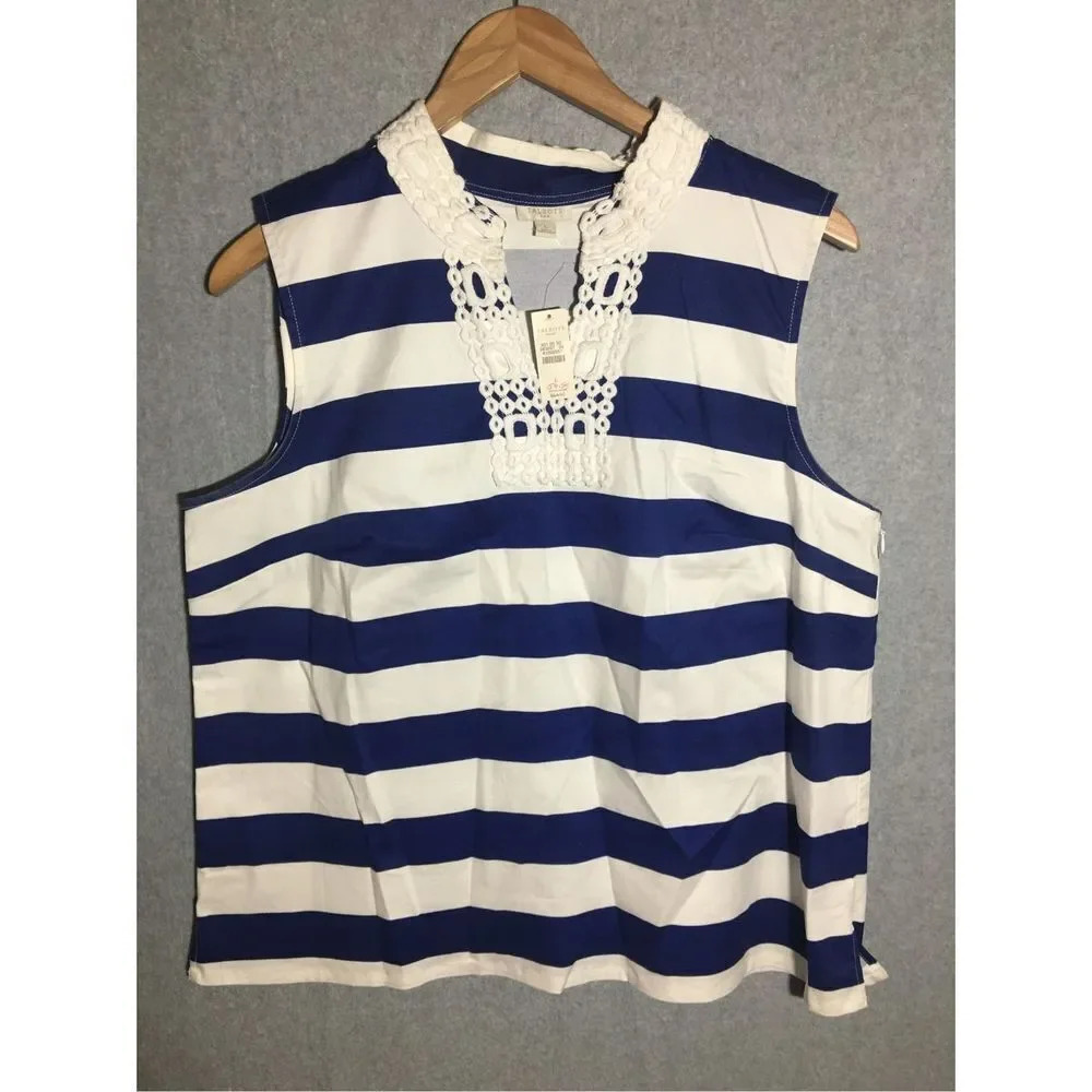 Womens NWT Talbot’s Blouse Crochet Striped Navy Blue White Nautical Boating